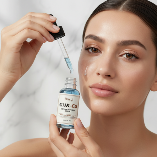 Copper peptides serum dropper being applied to woman face for firming