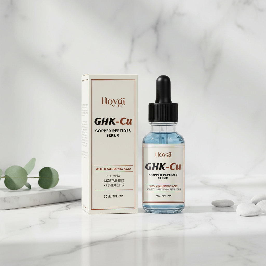 Copper peptides firming anti-aging serum dropper bottle on marble