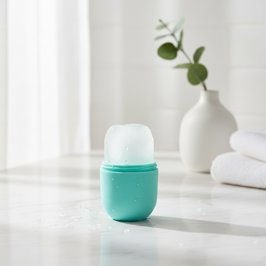 Silicone ice face roller skincare tool in pink on marble background