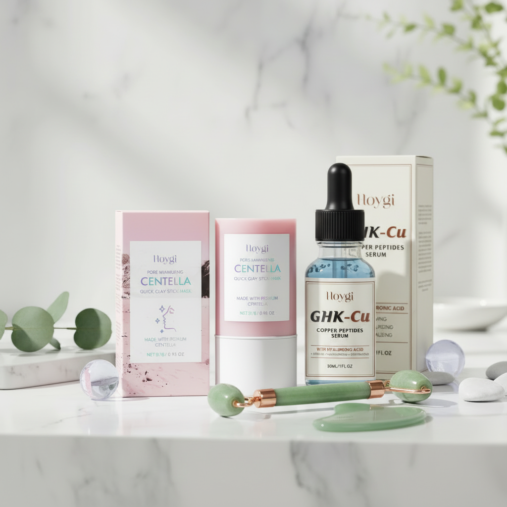 Skin Reset Bundle — clay mask, copper peptides serum, and jade roller on marble background