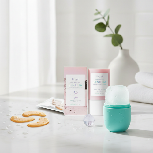 Full Facial Set — eye mask patches, clay mask stick, and ice roller on marble background