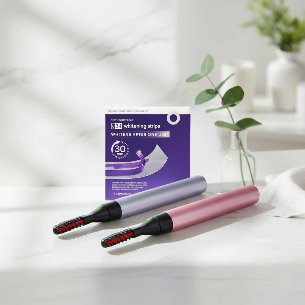 Lash & Smile Set — heated electric eyelash curler and teeth whitening strips on marble background