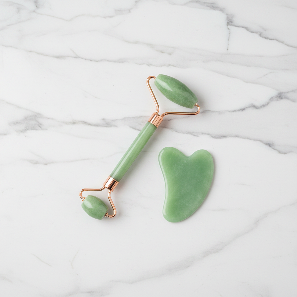 Jade roller and gua sha set for facial massage and depuffing