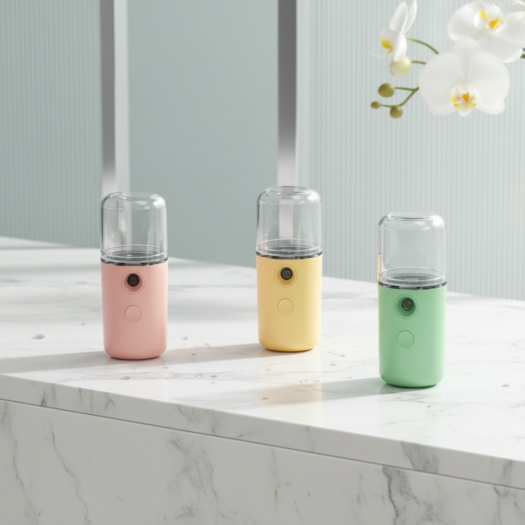 Nano mist face sprayer portable skin hydration tool on marble background