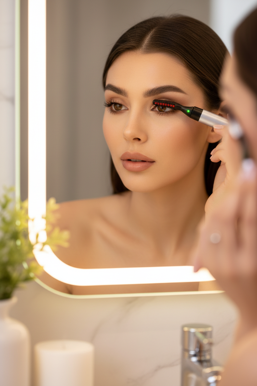 Woman using Untamed Beauty heated eyelash curler